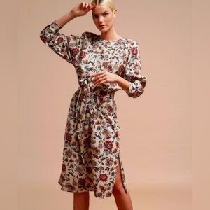 NWT Soeur Floral Silk Blend Midi Dress 40 Waist Tie Blue Red